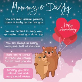 Hunts England - Mummy And Daddy Poem Anniversary Card - Starry Night - Cute Bears - Verse Anniversary Card For Mummy And Daddy - Happy Anniversary Card For Parents