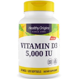 Healthy Origins, Depot Vitamin D3 125mcg (5000 IU), 1 Capsule Every 5 Days, 120 Soft Capsules, High Dose, Laboratory Tested, Soy-Free, Gluten Free, GMO Free