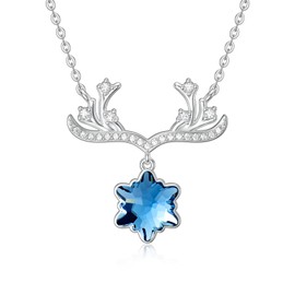 Antler Necklace 925 Sterling Silver Blue Snowflake Pendant Reindeer Clavicle Necklace Deer Antlers Pendant Crystal Christmas Jewelry Gifts for Women Girls