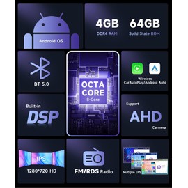 Podofo 8Core 4G 64G Car Stereo for Toyota Hilux 2015-2020 Radio with 10.1inch 1280x720P IPS Touchscreen/Wireless Carplay/Android Auto/MirrorLink/5.0 BT/WiFi/DSP/46EQ/AHD Backup Camera