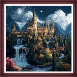 DMCCRAFT Stamped Cross Stitch Kits for Adults 11CT Printed Cross-Stitch Patterns Embroidery Kits Easy Cross Stitching Needlepoint Kits Crossstitch-Magic Castle Waterfall 18x18 inch