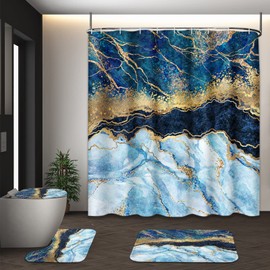 Tayney Navy Blue Marble Shower Curtain Set with Toilet Lid Cover and Non-Slip Rugs, Gold Blue Modern Abstract 4 Pcs Shower Curtain with 12 Hooks, Marbles Bathroom Set with Rugs and Accessories