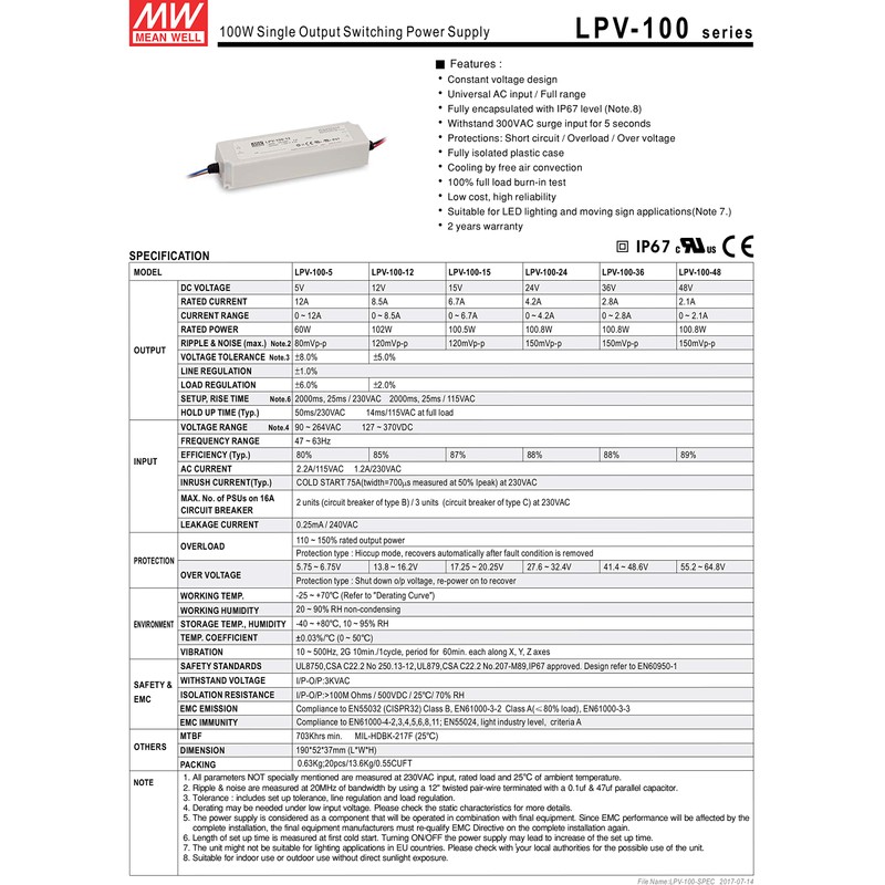 MEAN WELL LPV-100-24 LED Transformer 24V/4.2A/100W IP67 Constant Voltage
