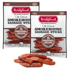 Bridgford Smokehouse Sausage Sticks Original 5 oz Pack of 2 - Made with Beef and Pork - Gluten Free High Protein Summer Sausage Beef Snack - Smoked, Savory, and Ready-to-Eat for Any Adventure