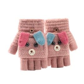 Cartoon Unisex Kids Fingerless Flap Cover Gloves - Convertible Flip Top Warm Mittens With Mitten Cover Cute Cartoon for 5-12 Ages Boys and Girls (Pink)