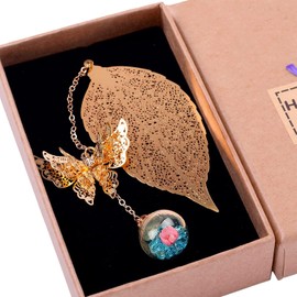 Marcapáginas de Metal, Separador de Libros con 3D de Hojas y Mariposas, Regalo Perfecto para Lectores, Amantes de Los Libros y Estudiantes, Hojas de Oro, Cuentas Azules y Flores Rosas