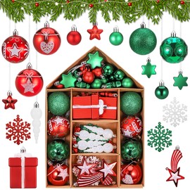 Hejo Set of 70 Christmas Baubles Red Green Plastic Christmas Tree Baubles Decoration, Reusable Plastic Christmas Tree Baubles Set, Hanging Christmas Decoration with Rope, Christmas Tree Decoration for