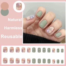 Pack of 24 Press on Nails Short Square Nails for Sticking Garden Flowers Full Cover False Nails French Acrylic Artificial Fingernails for Women Girls DIY Manicure Decoration