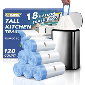 T.FORING 18 Gallon Trash Compactor Bags with Drawstring - 120 Count Heavy Duty 1.7 Mil Garbage Bags 68 Liter Tall Kitchen Bin Liners Unscented White for Home Yard Lawn