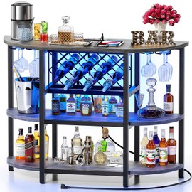 Zarler Bar Cart with Power Outlet Easy to Assemble, LED Home Bar Cabinet for Liquor, 47.3" L x 15.8" D x 36" H Metal Mini Bar Table with 4-Tier Storage, Grey