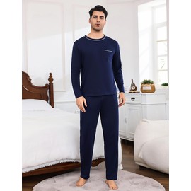Litherday Men's Pyjamas Sets Long-Sleeve Cotton Pjs Set 2 Piece Loungewear Nightwear Tops and Bottoms with Pockets Navy Blue