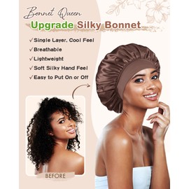 BONNET QUEEN Silk Bonnet for Sleeping Women Satin Bonnet Hair Wrap with Elastic Wide Band Sleep Cap for Curly Hair Anti Frizz Night Cap, Brown