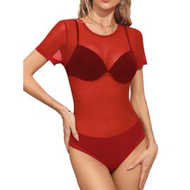 Missufe Women's Mesh Bodycon Top Bodysuit Mesh Short Sleeve Leisure Leotard Body Tops, red