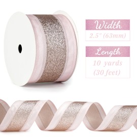 MAYREEL 2.5 Inch Rose and Gold Wired Satin Ribbon with Glitter Stripe for Christmas Tree Gift Wrapping Floral Arrangements Bow Making Wreaths Garlands Holiday Decor 10 Yards