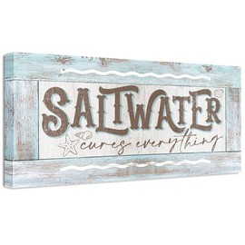 Saltwater Cures Everything - Cool Beach Accessories, Fishing and Camping Wall Art, Summer Boho Theme Decoration, Beach House Housewarming Gift, Wood Style Look 24x48 Extra Large Stretched Canvas Art