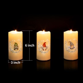 Eywamage Fiber Optic Christmas Flameless Pillar Candles with Remote, Snowflakes Gnomes Flickering LED Battery Candles Set of 3