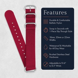 Benchmark 22mm Red Nylon Watch Band - One Piece Waterproof Ballistic Nylon - Slip Through Military Style Zulu Watch Strap for Men & Women