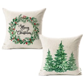 CARRIE HOME Green Winter Christmas Cushion Covers 18x18 Set of 2, Green Christmas Tree Wreath Pillow Covers 18 x 18, Xmas Rustic Vintage Christmas Decorations