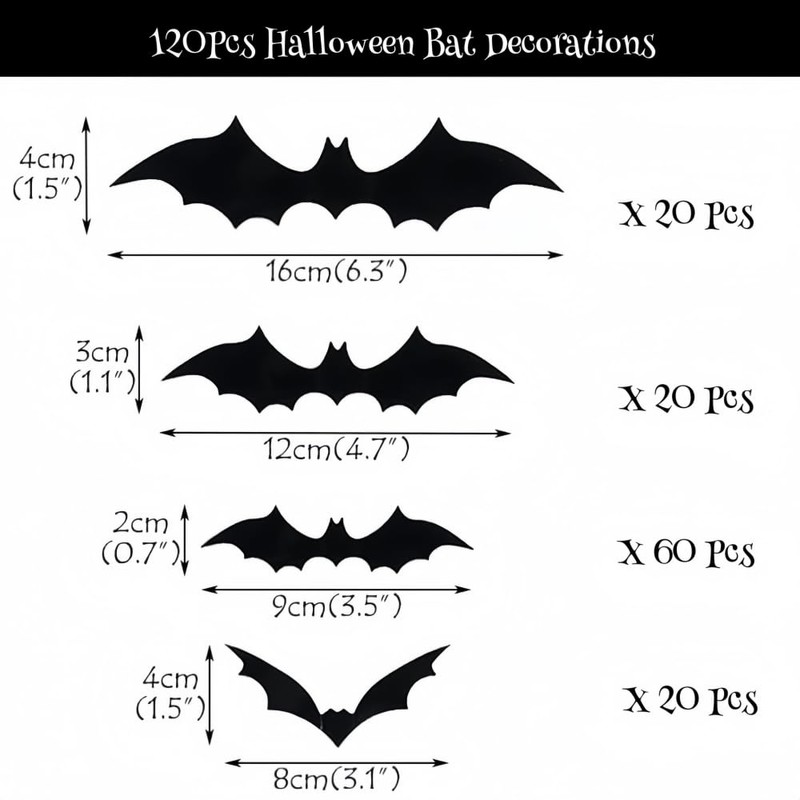 120Pcs Halloween Home Decor 3D Bats Halloween Window Stickers,4 Sizes