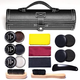 YUET 12PC Shoe Shine Kit Leather Boot Polish Kit w/Brushes and Brown, Black, Neutral Polish for Shoe Care and Cleaning