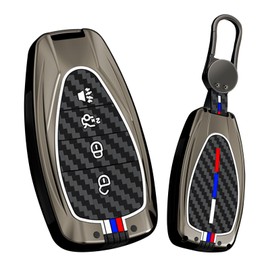 HIBEYO Key Fob Cover Compatible with Chevy Onix Equino Orlando Cruze Spark Sonic Camaro Volt Bolt Trax Malibu Blazer Traverse Accessories Alloy Carbon Fiber Texture with Keychains-4 Button Black