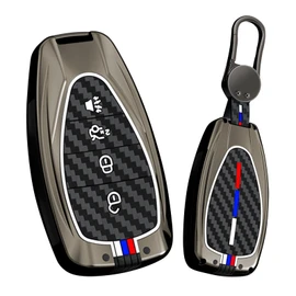 HIBEYO Key Fob Cover Compatible with Chevy Onix Equino Orlando Cruze Spark Sonic Camaro Volt Bolt Trax Malibu Blazer Traverse Accessories Alloy Carbon Fiber Texture with Keychains-4 Button Black