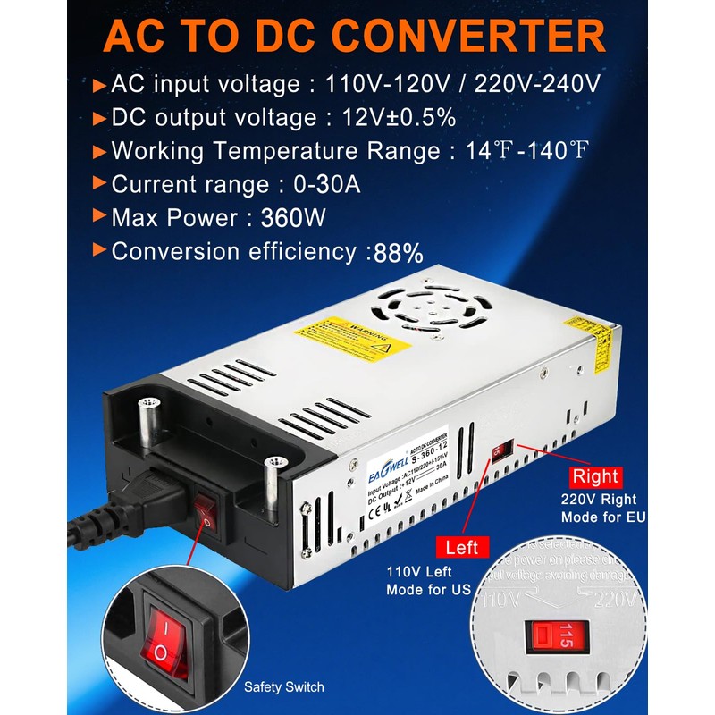 EAGWELL 110V to 12V Converter, Universal SMPS AC to DC