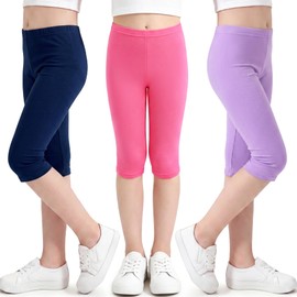 Domueay Leggings Bambina 3/4 Pantaloni Modale Traspirante Stretch Tinta Unita Estivi Capri Legging Pacco da 3 Ragazze Danza Scuola Casual Abbigliamento 4-5 Anni, Navy Viola Rosso Anguria