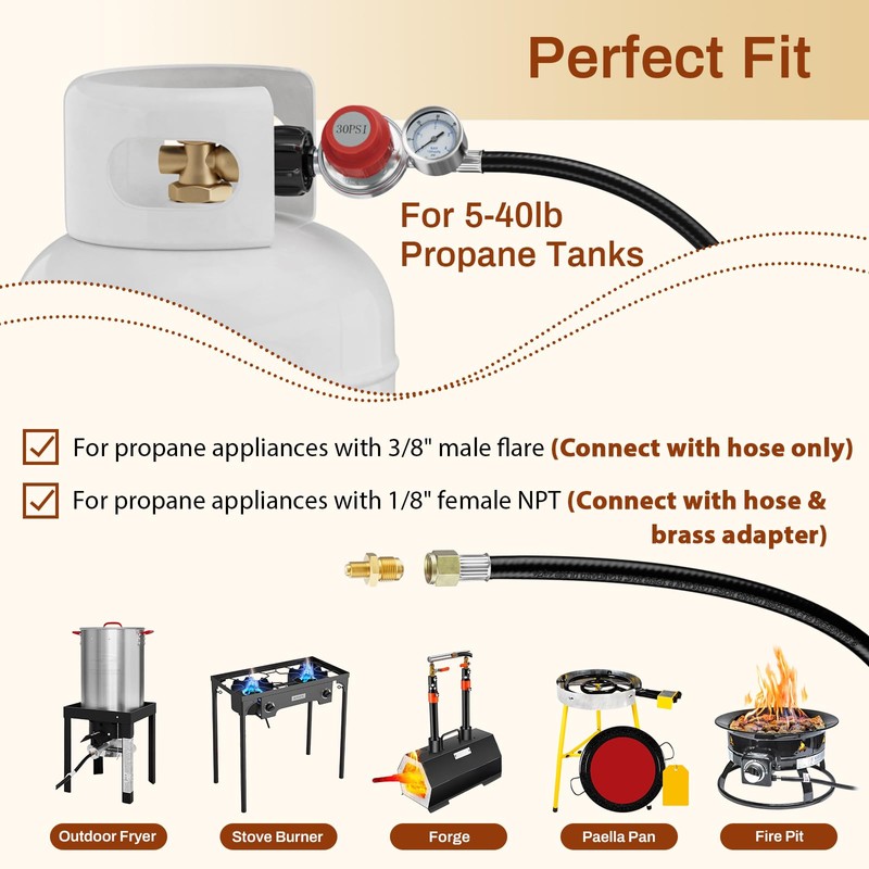 0-30 PSI Adjustable Propane Regulator with Gauge, 5 FT