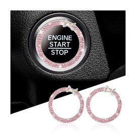 Mandark 2PCS Bling Car Engine Start Button Cover Stickers, Sparkling Rhinstones Ring Emblem, Diamond Shiny Key Ignition Knob Decal, Cute Auto Interior Decoration for Women Girls（Pink）