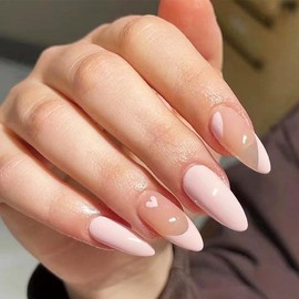 Valentines Press on Nails Medium Almond Heart French Tip Nails Pink Full Cover Fake Nails with Nail Jelly Glue Swirl Acrylic Press on Nails Artificial Nails for Women Girls Nail Decorations 1773
