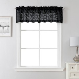 Lecloud Leia 14 Inch Black Sheer Valances for Windows 2 Pcs, Airy Jacquard Leaf Textured Short Curtains for Living Room Kitchen Bedroom Basement, Dual Rod Pockets Small Curtain, 30" W x 14" L