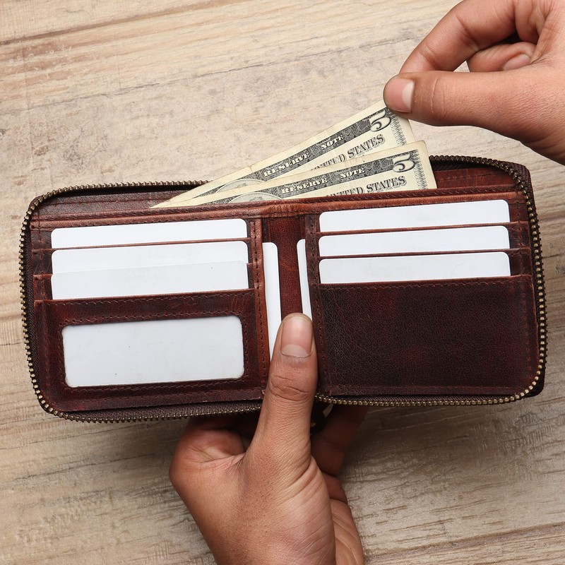 FOXHACKLE Men’s Zipper Leather Wallet with Detachable Card Case |