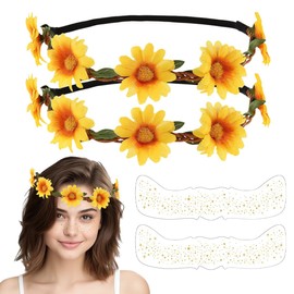 LQIOACU Pack of 2 Flower Wreath Sunflower, Headband Girls Spring, Sunflower Costume Women, Flower Decoration Hair, with 2 Children's Tattoos, multicoloured