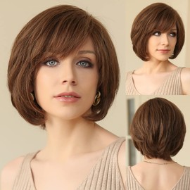 EMMOR Hand-Tied Lace Front Wig, 100% Human Hair Wigs for Women Natural Layered Wig, Wavy Different Style for White Women(Brown)