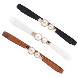 YIWEIYA 3 Pcs Women Skinny Elastic Waist Belt, Fashion Ladies Stretchy Pearl Belt, Thin Belt for Dresses, Stretch Retro Waistband for Dress, Pearl Metal Buckle Elastic Belt