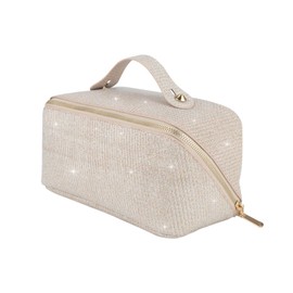 KEYPOWER Large Capacity Glitter Sequin Cosmetic Bag Travel Makeup Bag Sparkly and Shiny Portable Toiletry Bag with Handle for Women (Apricot)