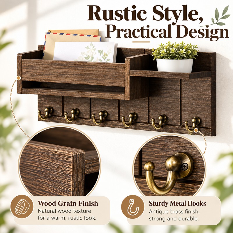 Rustic Wood Key Holder for Entryway – Wall Mounted Mail