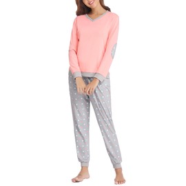 Prosoft&Hawiton Womens Pj Set Cotton Long Sleeve Pajama Sets 2 Piece Sleepwear V Neck Loungewear Drawstring Pants with Pockets Pink