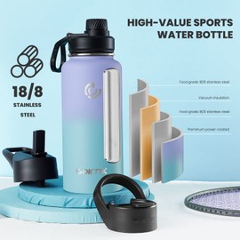 COKTIK 32 oz Sports Water Bottle With Straw,3 Lids, Stainless Steel Vacuum Insulated Water Bottles,Leakproof Lightweight, Keeps Cold and Hot, Great for Travel, Hiking, Biking, Running (Sweet Candy)