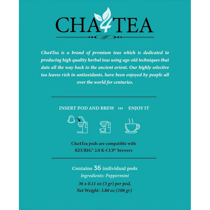 Cha4TEA 36-Count Peppermint Herbal Tea Pods Compatible with Keurig Brewers