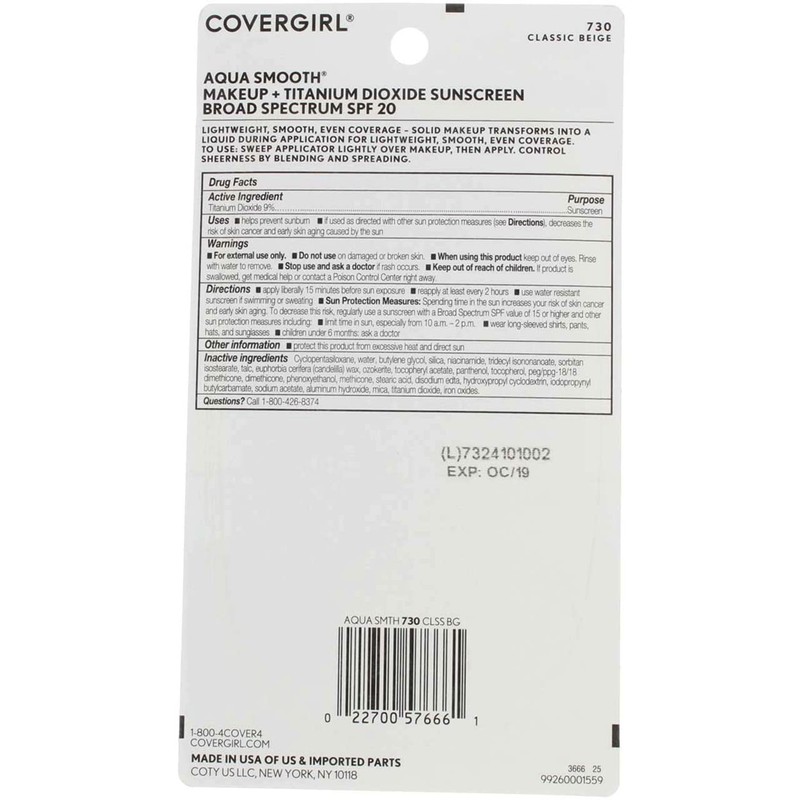 CoverGirl Aquasmooth SPF 20 Compact Foundation, 730 Classic Beige, 0.4