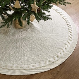 LimBridge Knitted Christmas Tree Skirt: 60 Inch Extra Large Cream White Tree Skirt, Chunky Cable Knit Thick Rustic Christmas Tree Decorations, Christmas Decor Xmas Holiday Home Party Decorations