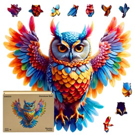 Wooden Jigsaw Puzzles for Adults and Kids, Rainbow Owl 200 Piece Unique Shaped Puzzle, Family Game and Creative Wooden Puzzle Gift, Wall Art Decor