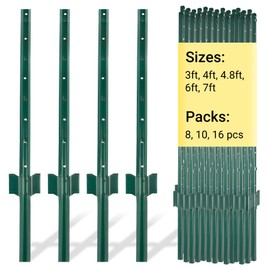 Toriexon Fence Post 3 FT - 10 Packs, Metal Heavy Duty U Posts, Powder-Coated for Long-Lasting Use, Perfect for Holding Wire &Plastic Mesh, Corner Anchors, Green