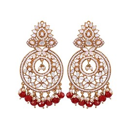 Crunchy Fashion Bollywood Jewellery Traditional Ethnic Bridal Bride Wedding Bridesmaid Gold-Plated Kundan Mirror & Red Pearl Dangler Earring