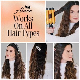 Alure Three Barrel Curling Iron Wand Hair Waver with LCD Temperature Display - 1 Inch Ceramic Tourmaline Triple Barrels, Dual Voltage Crimp (zGold)