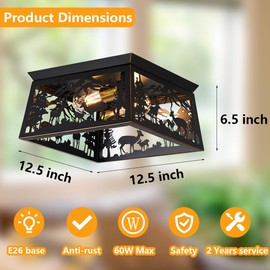 Feohak Black Semi Flush Mount Ceiling Light Fixture, Rustic Cabin Deer Ceiling Light Fixture, Metal Country Farmhouse Ceiling Lamp for Hallway Porch Bedroom Foyer Entryway, E26 Bulbs.12.5 Inches