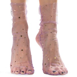 AVIAN LEGS Electric Lavender Allure: Women Sheer Slouch Tulle Socks | Shiny Glitter Novelty Decorated Loose Socks with Stars & Moon - Ankle High 1 Pair (US sizes 5-8)