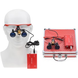 Global-Dental 3.5X Binocular Loupes Optical Glass Magnifier + 3W Head Lamp Light Waist Hanging Type Clip-on Type Carry Type with Aluminum Box DY-004 (Red)